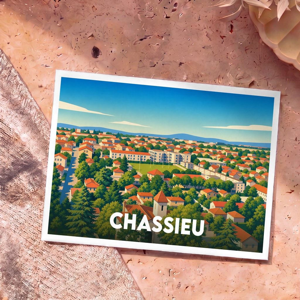 Carte postale souvenir de la ville de Chassieu avec une illustration stylisée et colorée.