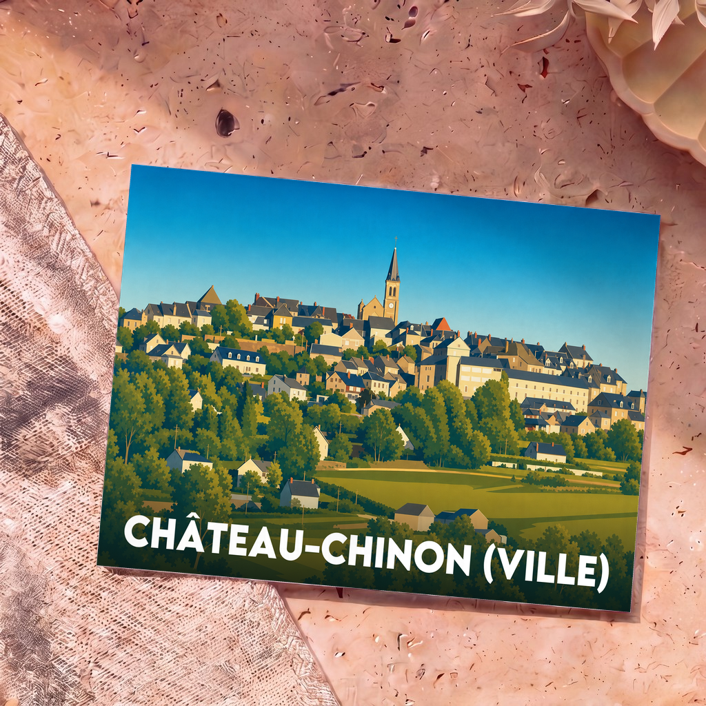 Carte postale souvenir de la ville de Château-Chinon (Ville) avec une illustration stylisée.
