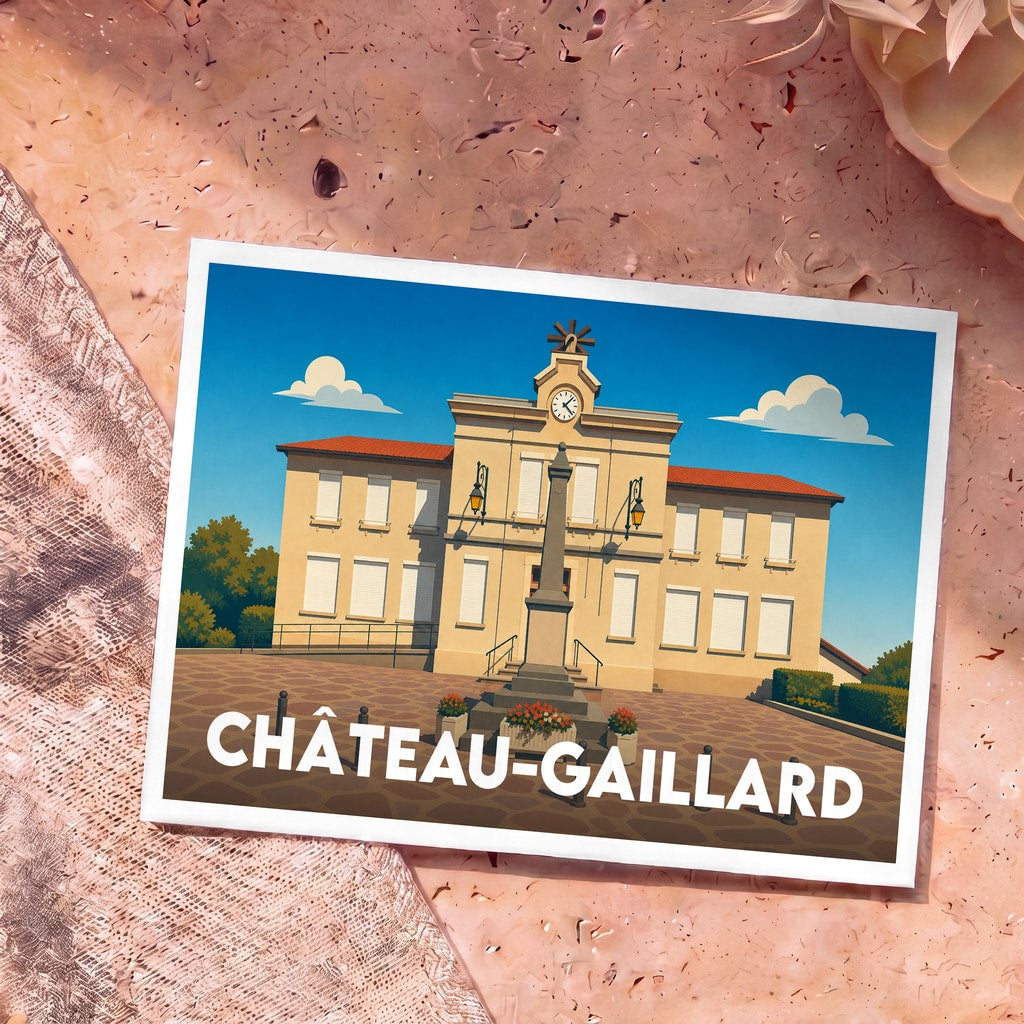 Carte postale souvenir de la ville de Château-Gaillard avec une illustration stylisée de sa mairie.