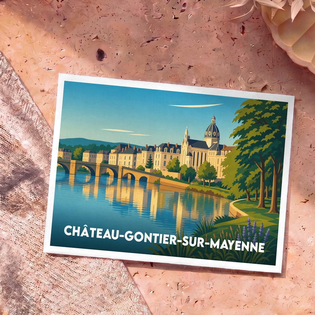Carte postale souvenir de Château-Gontier-sur-Mayenne illustrant les bords de la Mayenne dans un style graphique épuré.