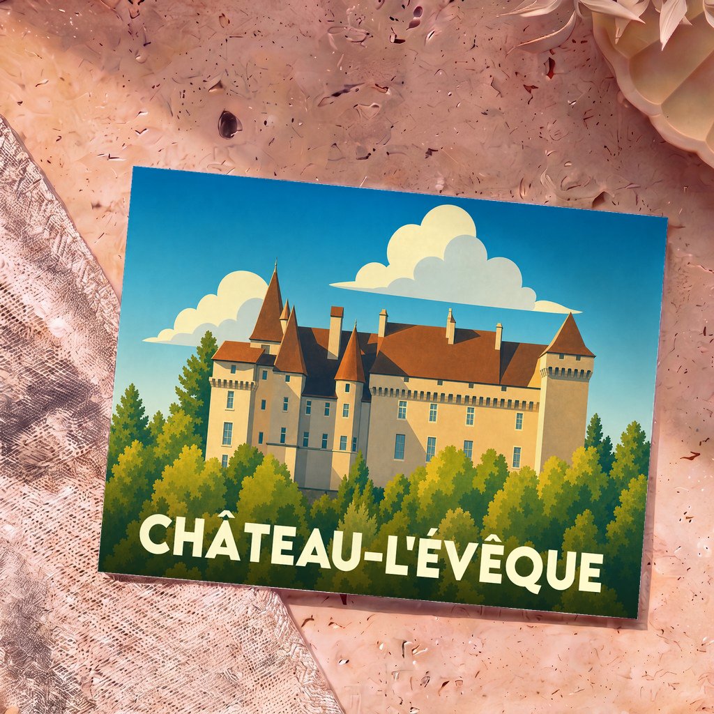 Carte postale souvenir de la ville de Château-l'Évêque avec une illustration stylisée de son château.