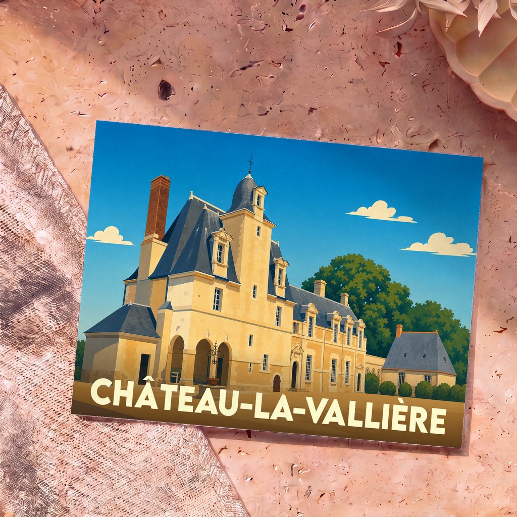 Carte postale souvenir de la ville de Château-la-Vallière avec une illustration stylisée de son château.