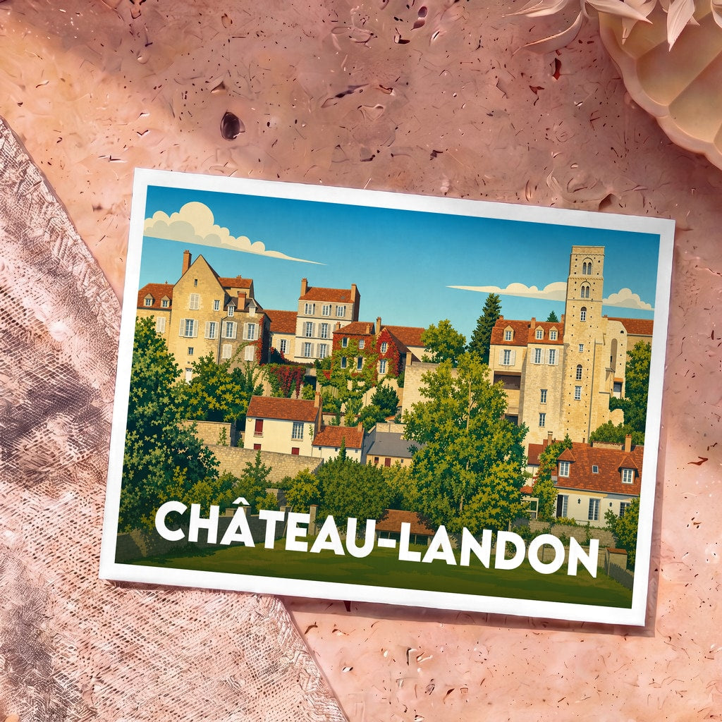 Carte postale souvenir de la ville de Château-Landon arborant une illustration stylisée et colorée de ses monuments historiques.