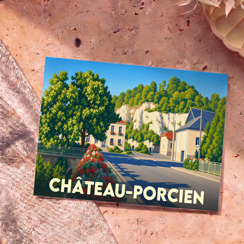Carte postale souvenir de Château-Porcien avec une illustration colorée et stylisée de la ville.