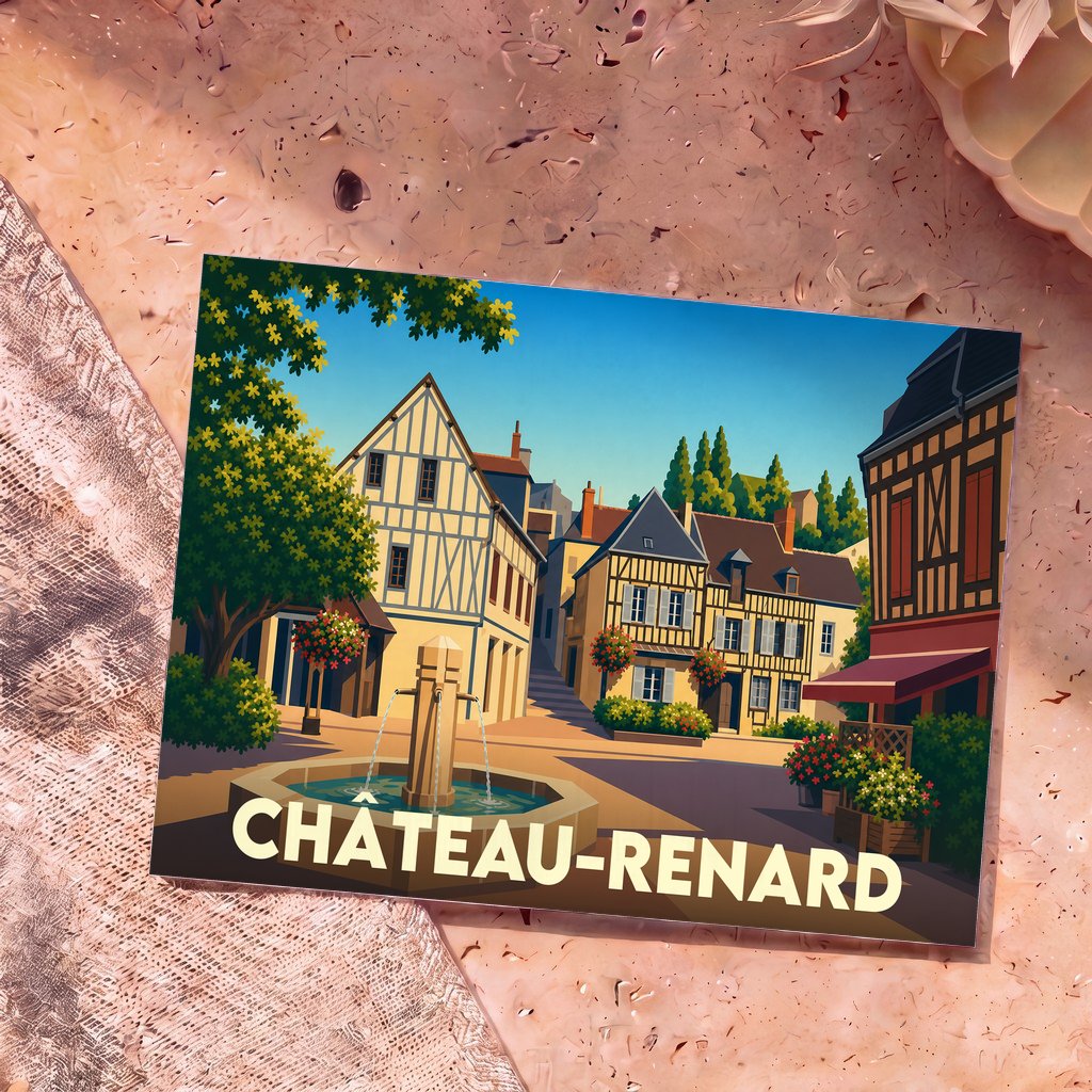Carte postale souvenir de la ville de Château-Renard avec une illustration stylisée d'une place et de maisons à colombages.