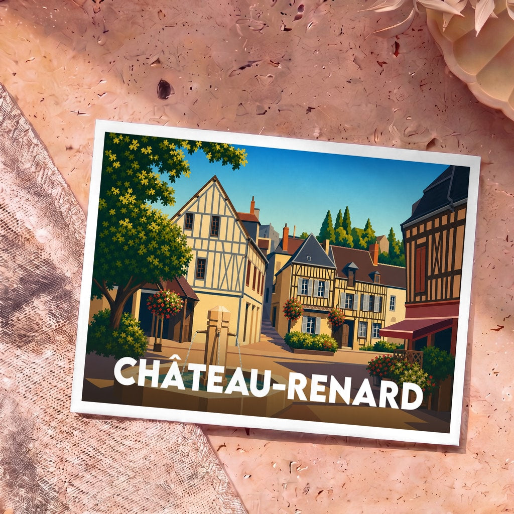 Carte postale souvenir de la ville de Château-Renard avec une illustration stylisée d'une place et de maisons à colombages.