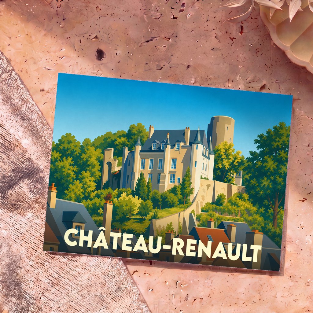 Carte postale souvenir de la ville de Château-Renault illustrée d'un dessin stylisé de son château.