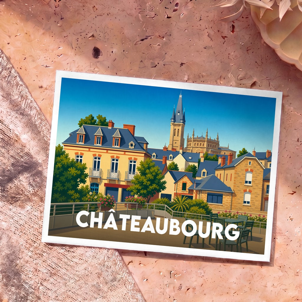 Carte postale souvenir de la ville de Châteaubourg avec une illustration stylisée de son architecture.