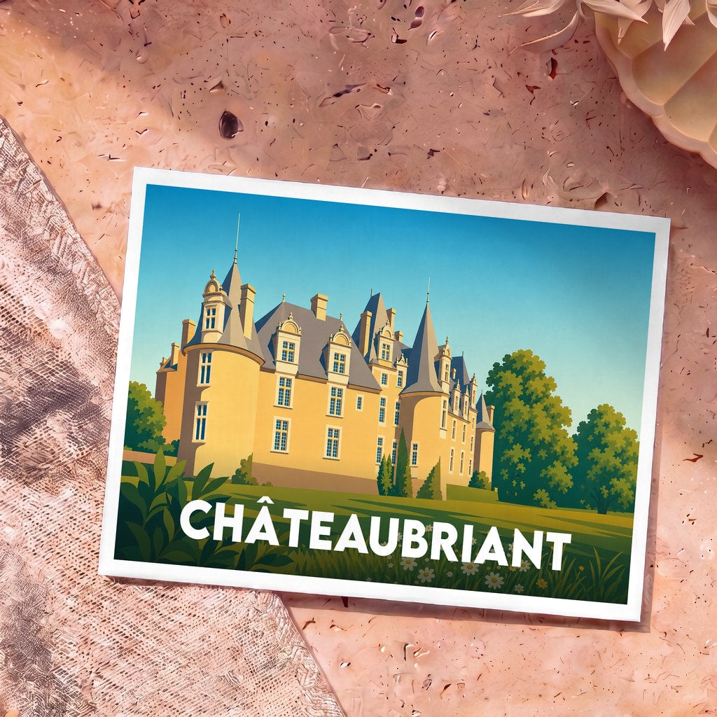 Carte postale souvenir de la ville de Châteaubriant illustrant son château dans un style graphique épuré.
