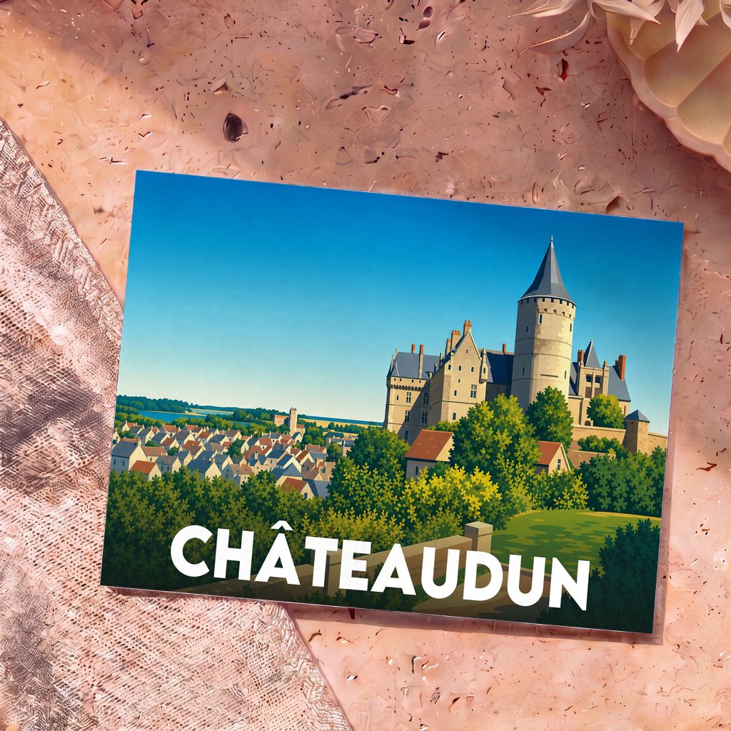 Carte postale souvenir de la ville de Châteaudun avec une illustration stylisée de son château surplombant la ville.