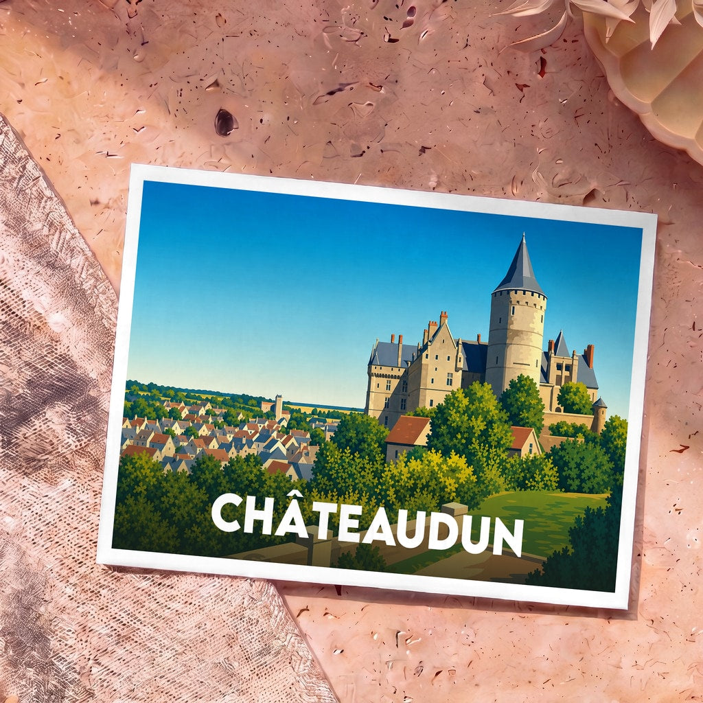 Carte postale souvenir de la ville de Châteaudun avec une illustration stylisée de son château surplombant la ville.