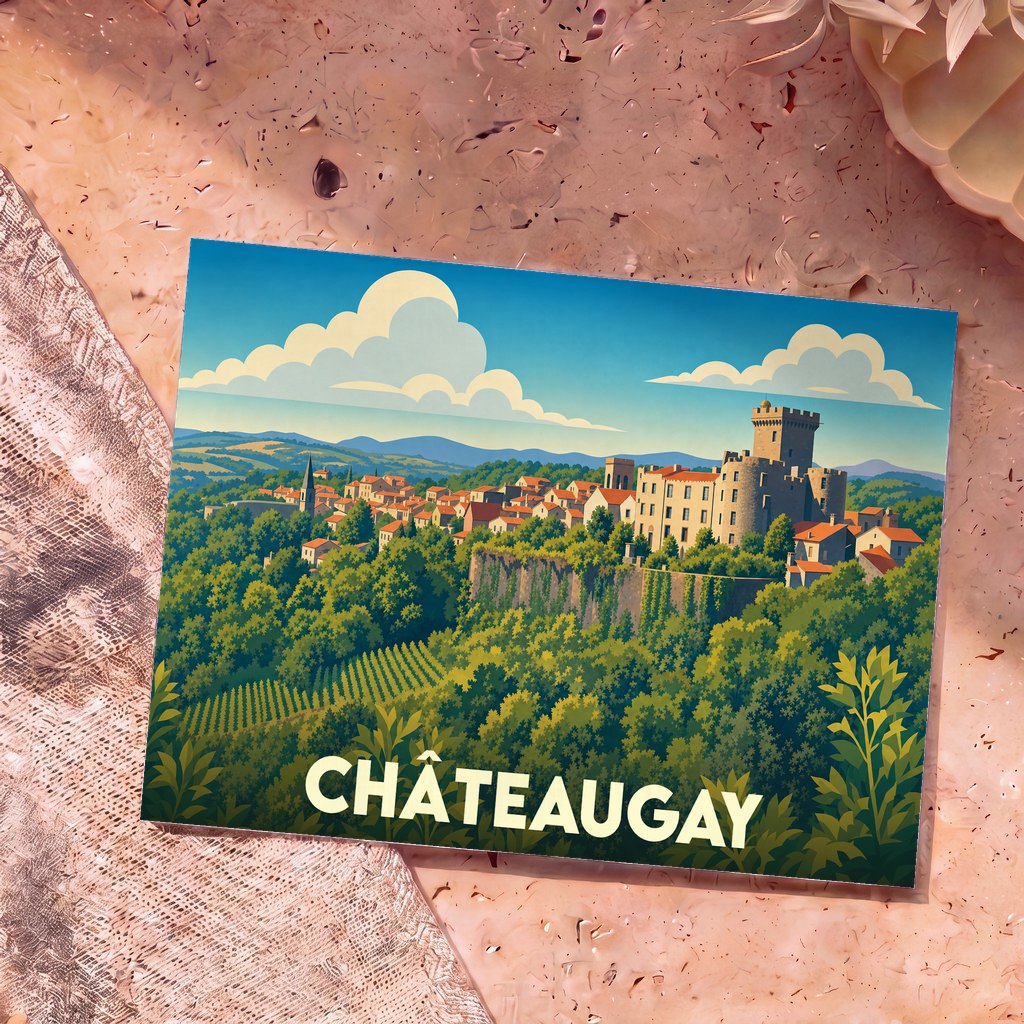 Carte postale souvenir de la ville de Châteaugay avec une illustration stylisée d'un château surplombant un village.