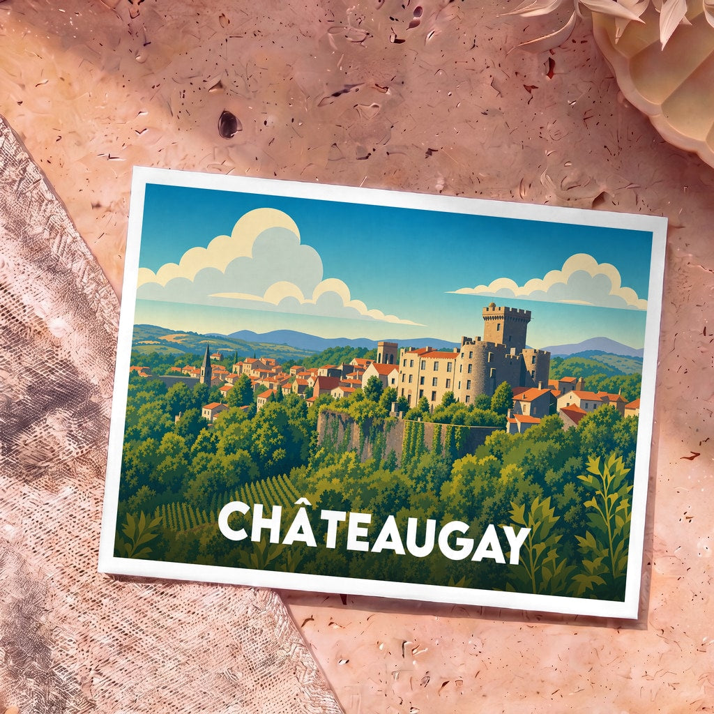 Carte postale souvenir de la ville de Châteaugay avec une illustration stylisée d'un château surplombant un village.