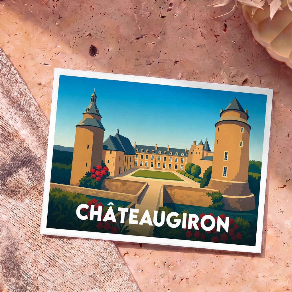 Carte postale souvenir de la ville de Châteaugiron avec une illustration stylisée de son château.