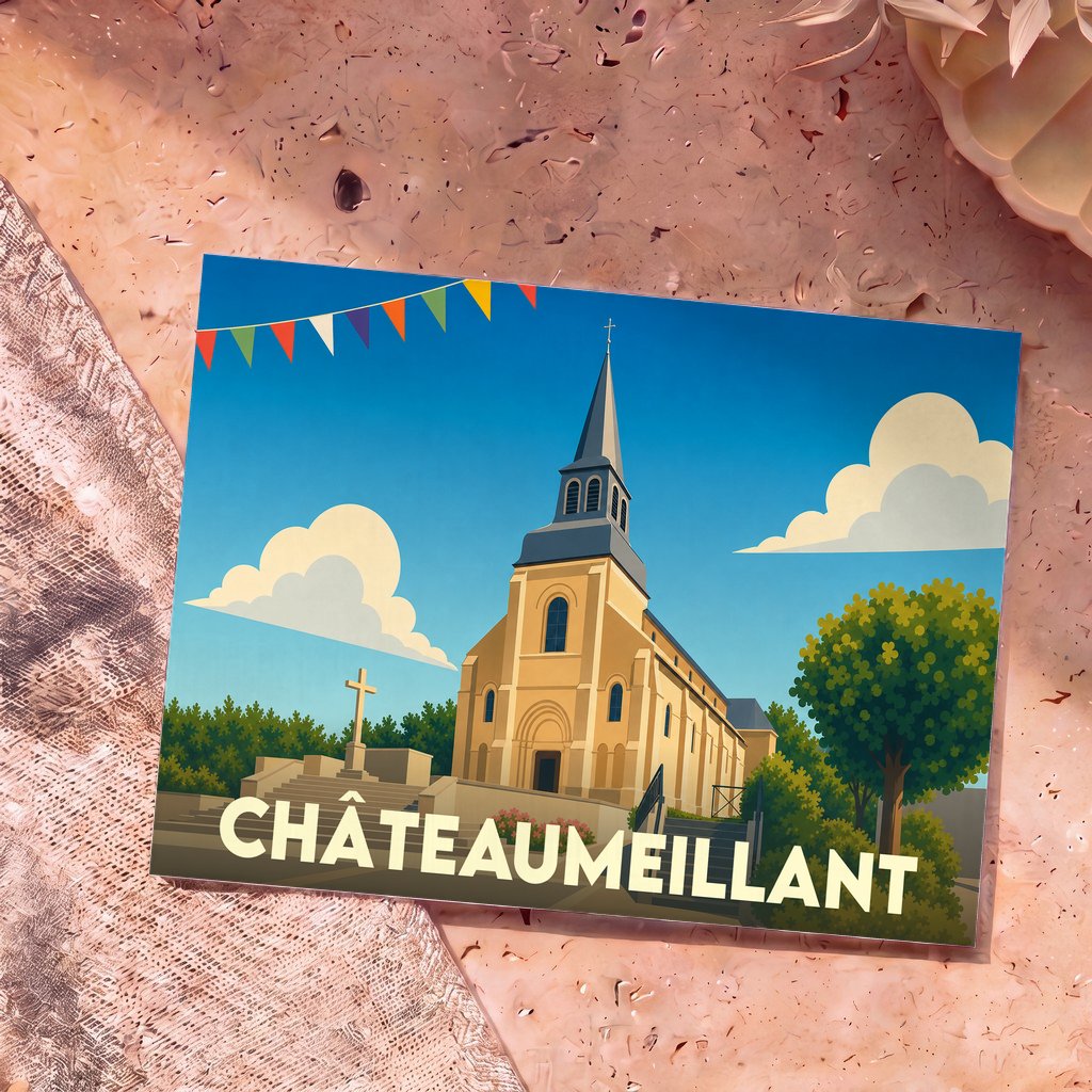Carte postale souvenir de la ville de Châteaumeillant illustrant son église sous un ciel bleu festif.