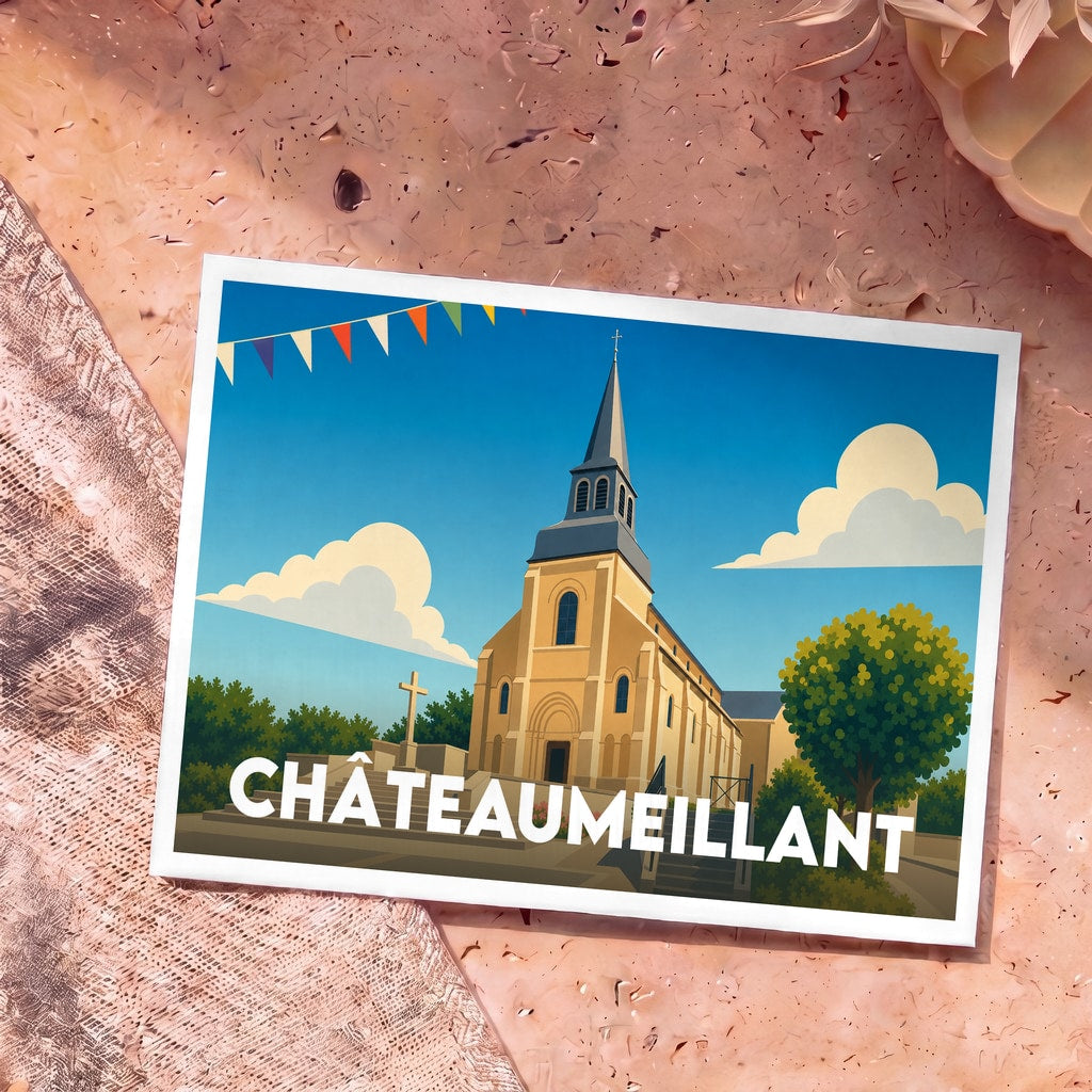 Carte postale souvenir de la ville de Châteaumeillant illustrant son église sous un ciel bleu festif.
