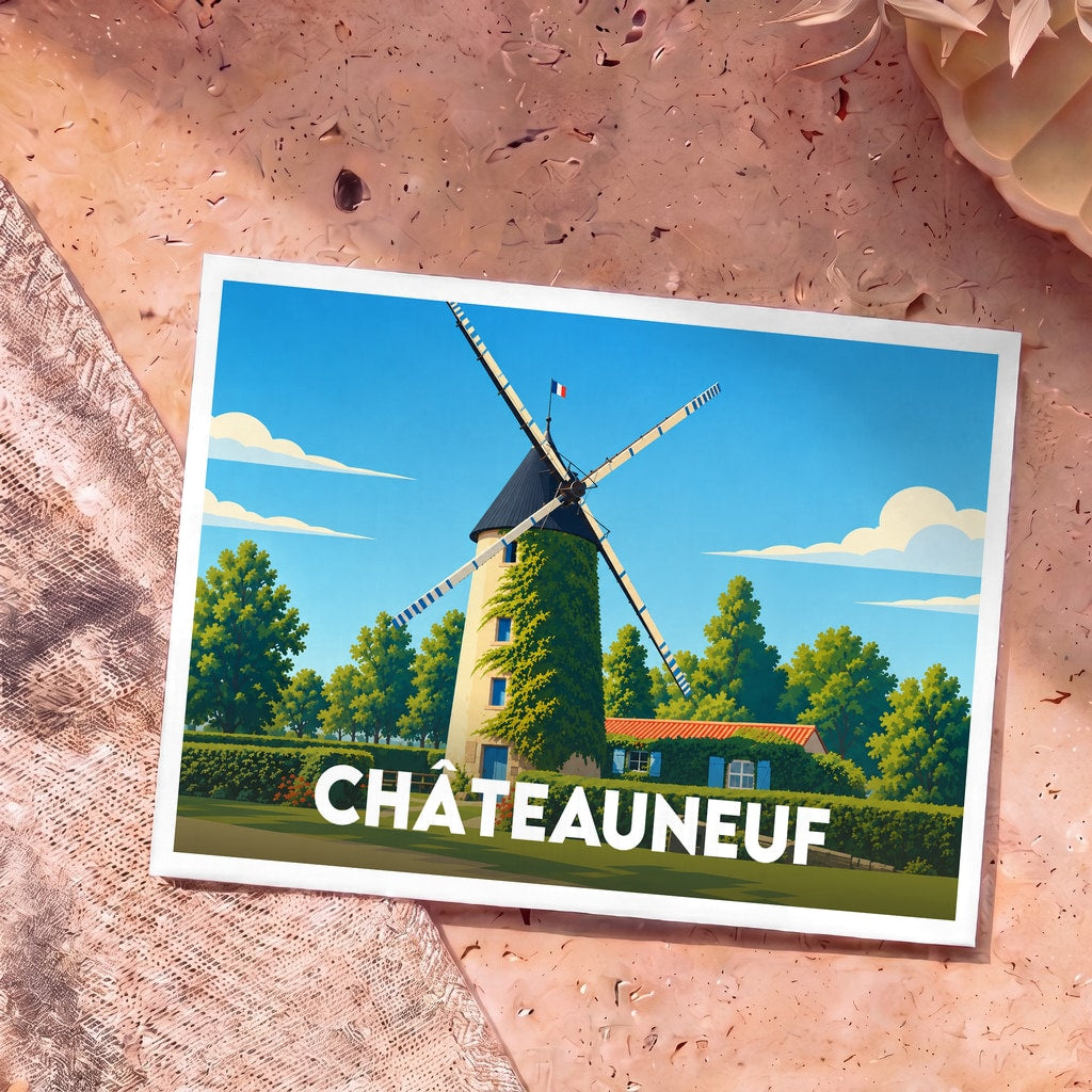 Carte postale souvenir de la ville de Châteauneuf illustrant un moulin à vent stylisé.