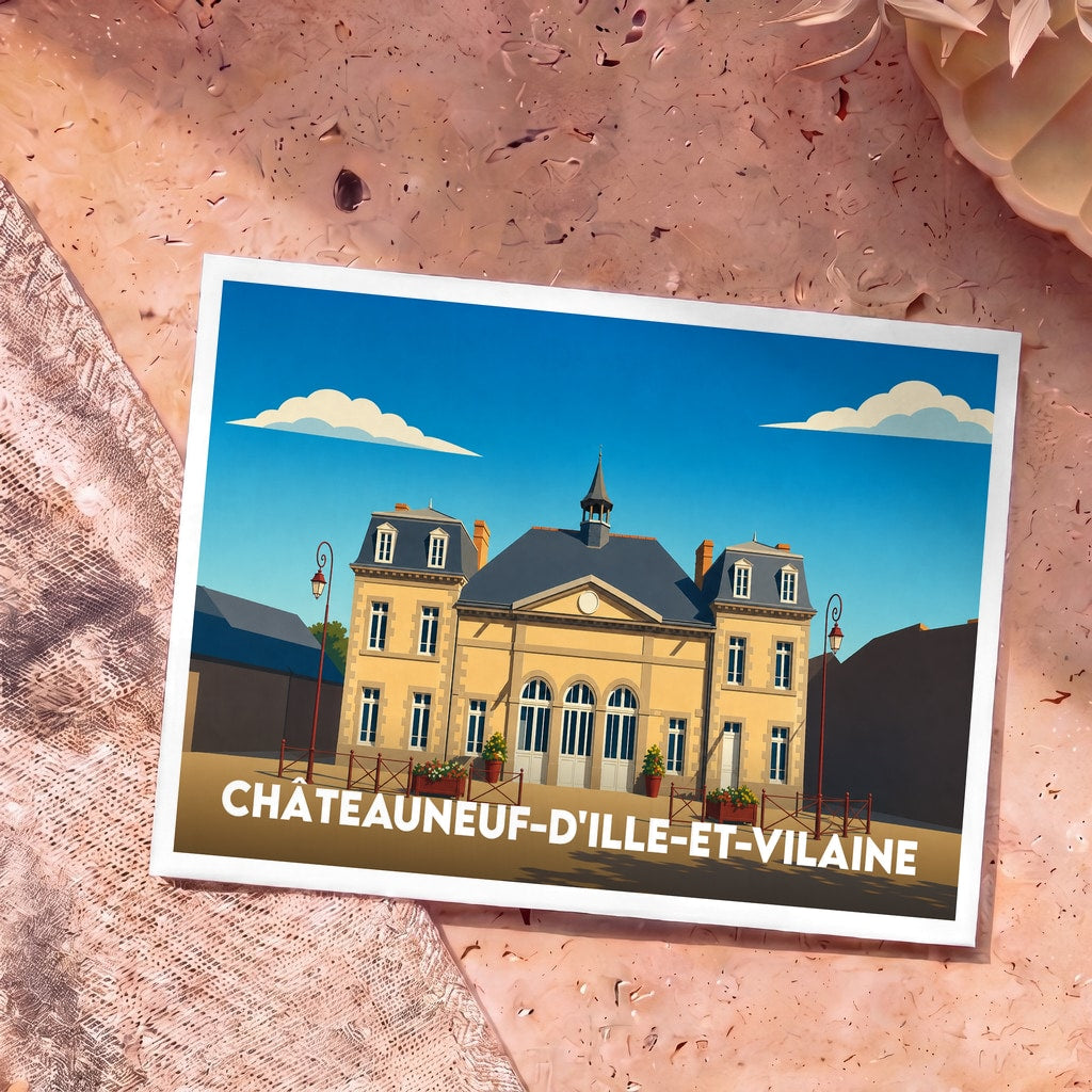 Carte postale souvenir de la ville de Châteauneuf-d'Ille-et-Vilaine avec une illustration stylisée de sa mairie.