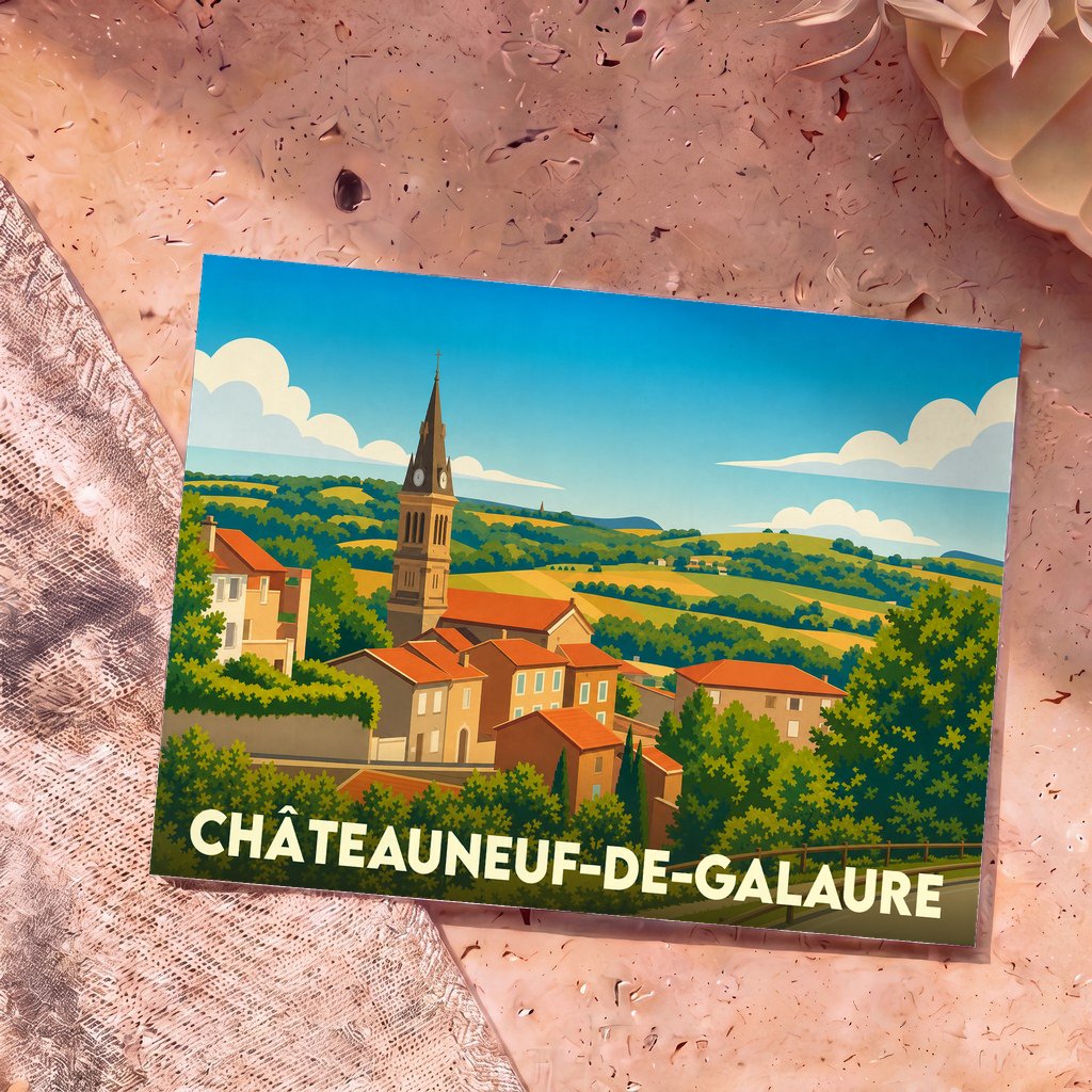 Carte postale souvenir de la ville de Châteauneuf-de-Galaure avec une illustration stylisée de son église et de ses collines environnantes.