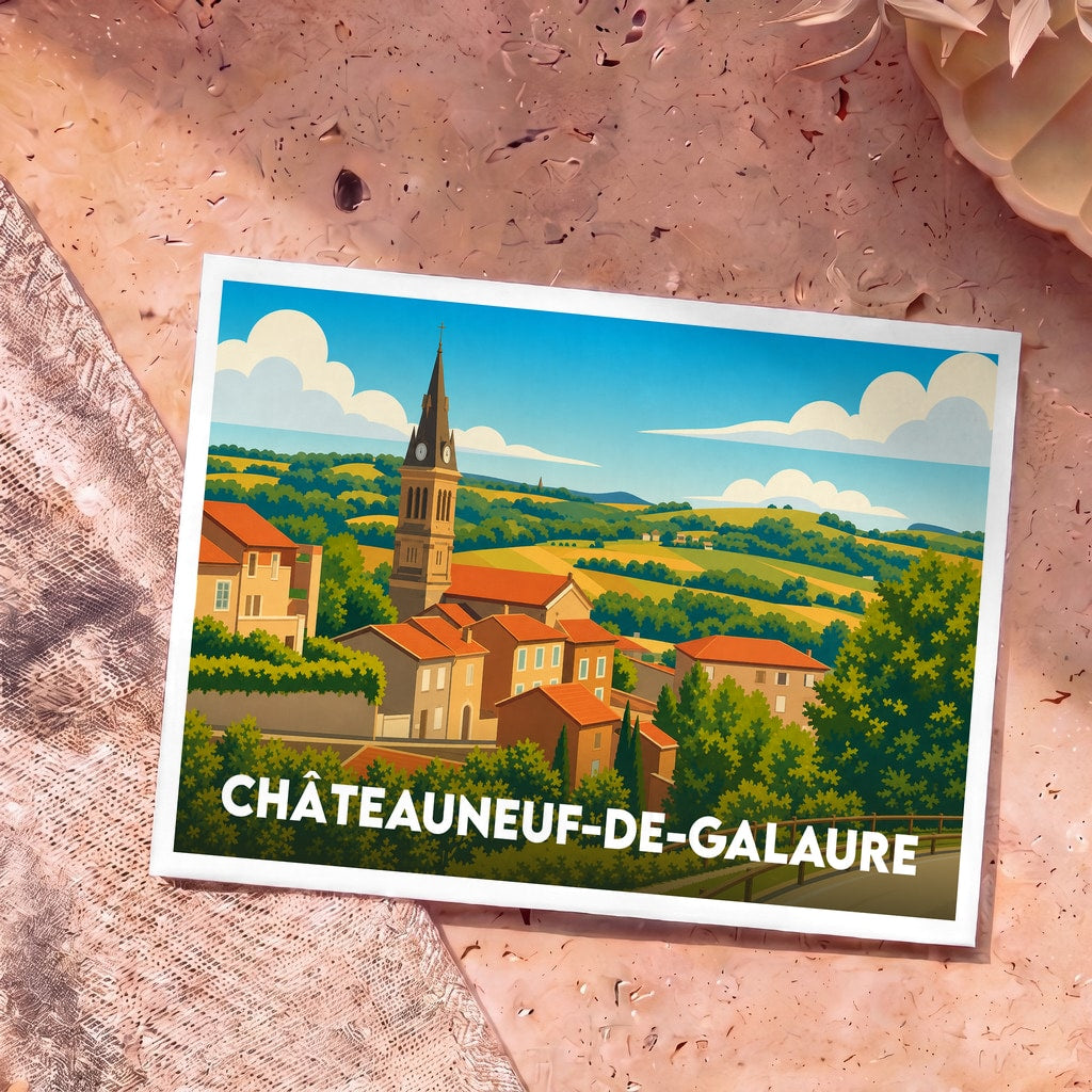 Carte postale souvenir de la ville de Châteauneuf-de-Galaure avec une illustration stylisée de son église et de ses collines environnantes.