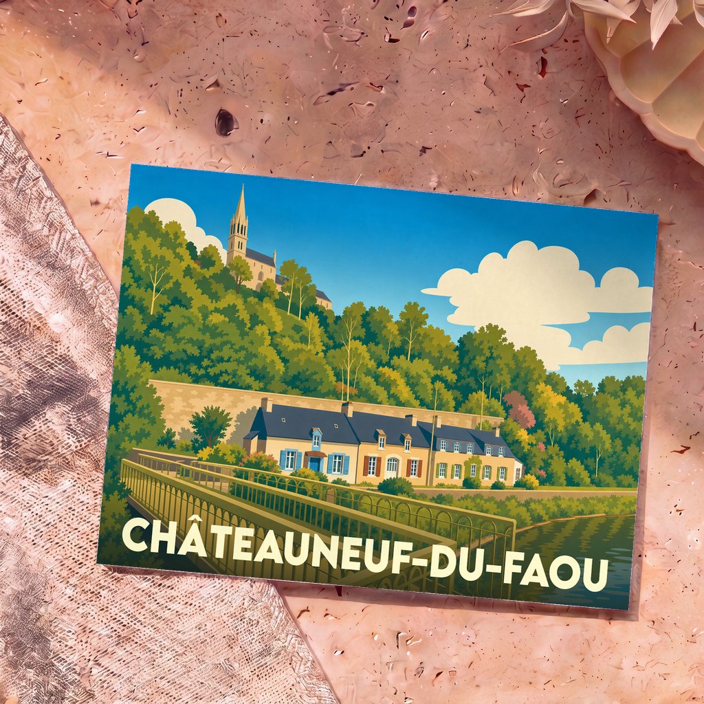 Carte postale souvenir de la ville de Châteauneuf-du-Faou avec une illustration stylisée.