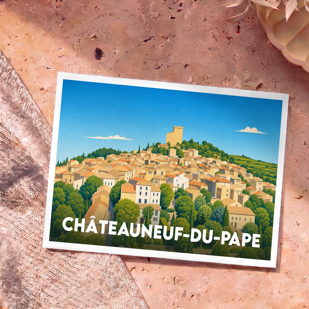 Carte postale souvenir de la ville de Châteauneuf-du-Pape avec une illustration stylisée du village et de son château.