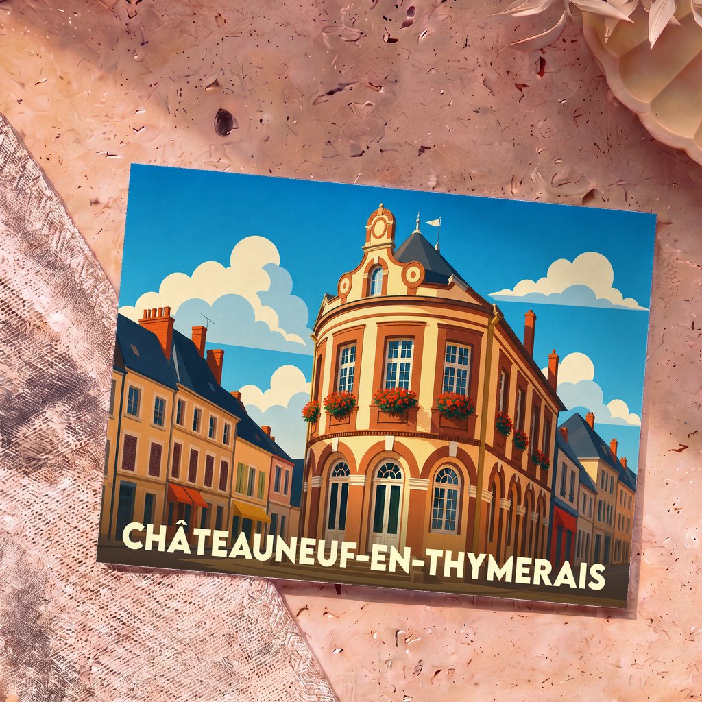 Carte postale souvenir de Châteauneuf-en-Thymerais présentant une illustration stylisée et colorée de l'architecture locale sous un ciel bleu.
