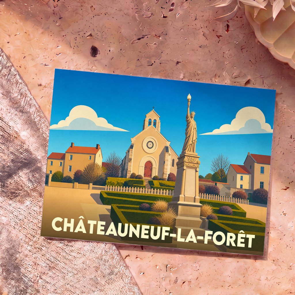 Carte postale souvenir de la ville de Châteauneuf-la-Forêt illustrant son église et sa statue de la Liberté dans un style graphique épuré.