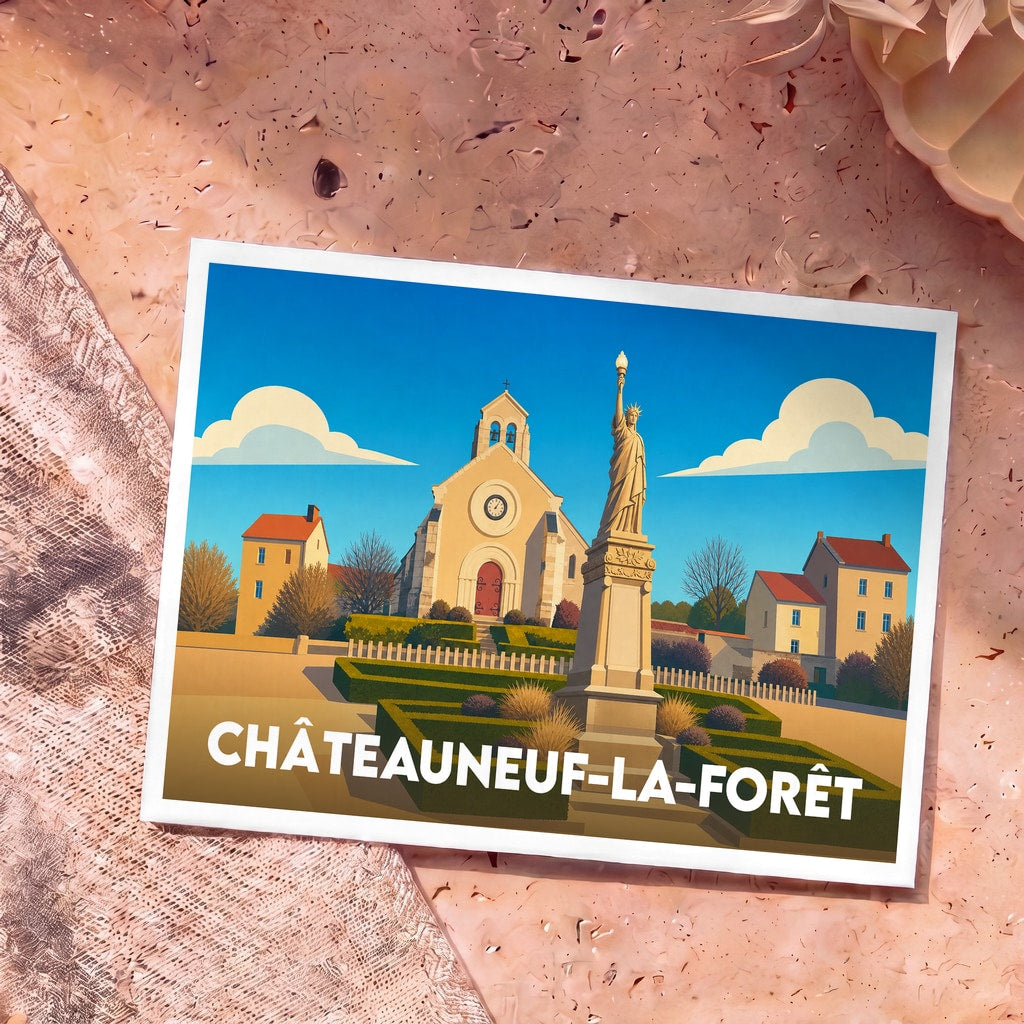 Carte postale souvenir de la ville de Châteauneuf-la-Forêt illustrant son église et sa statue de la Liberté dans un style graphique épuré.