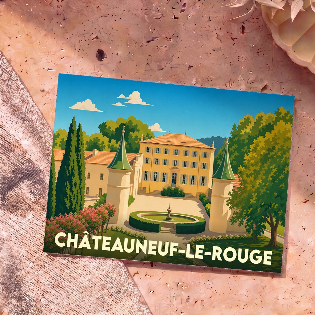 Carte postale souvenir de la ville de Châteauneuf-le-Rouge avec une illustration stylisée de son château et de son parc.
