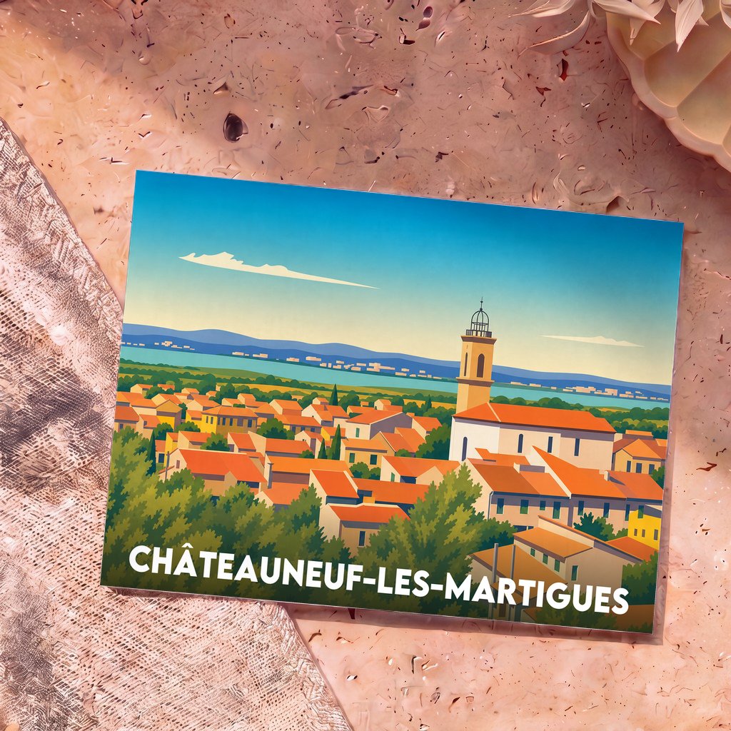 Carte postale souvenir de la ville de Châteauneuf-les-Martigues avec une illustration stylisée.