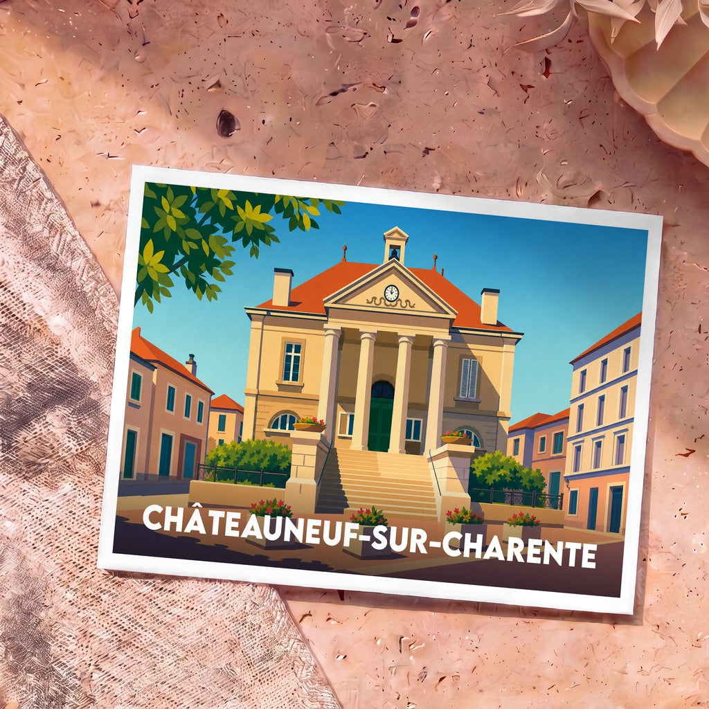 Carte postale souvenir de Châteauneuf-sur-Charente avec une illustration stylisée de la mairie sous un ciel bleu.