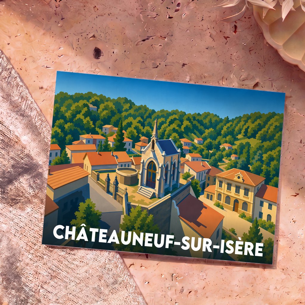 Carte postale souvenir de la ville de Châteauneuf-sur-Isère avec une illustration stylisée de son église et de ses toits orangés.
