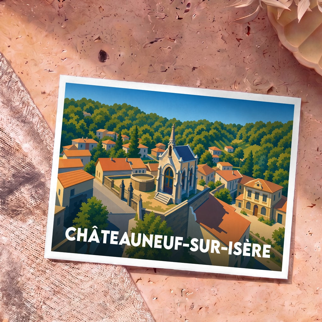 Carte postale souvenir de la ville de Châteauneuf-sur-Isère avec une illustration stylisée de son église et de ses toits orangés.