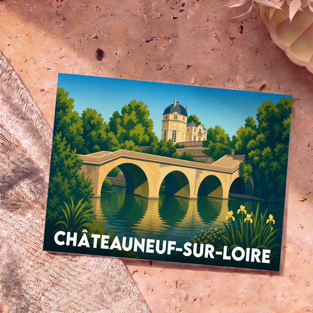 Carte postale souvenir de la ville de Châteauneuf-sur-Loire avec une illustration stylisée de son château et d'un pont.