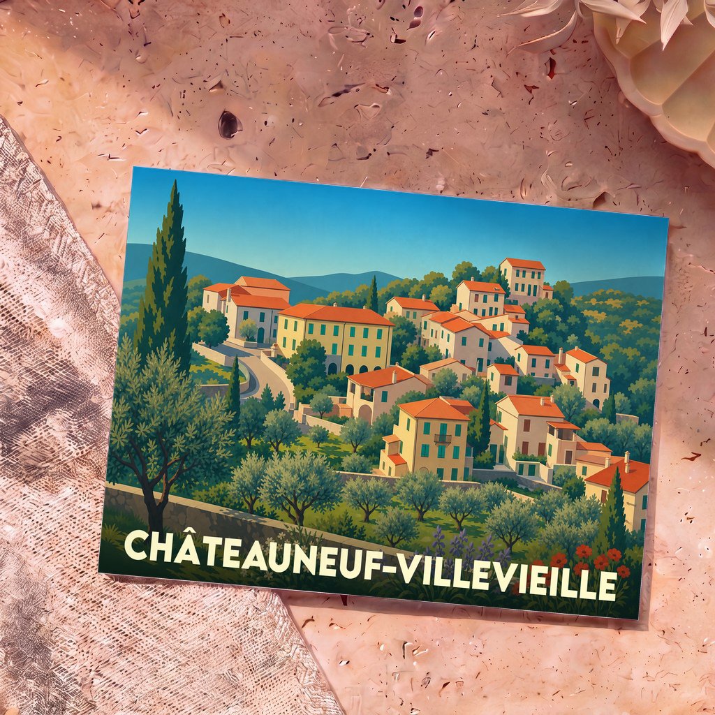 Carte postale souvenir de Châteauneuf-Villevieille arborant une illustration stylisée et colorée du village provençal.