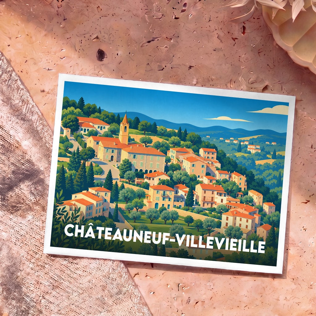 Carte postale souvenir de la ville de Châteauneuf-Villevieille illustrant un village perché aux toits orangés dans un style graphique épuré.