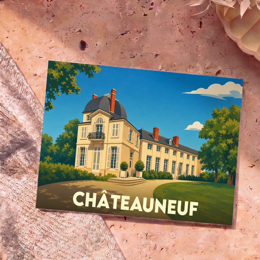 Carte postale souvenir de la ville de Châteauneuf illustrant un château de style classique sous un ciel bleu.