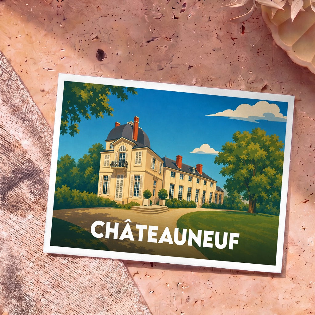 Carte postale souvenir de la ville de Châteauneuf illustrant un château de style classique sous un ciel bleu.