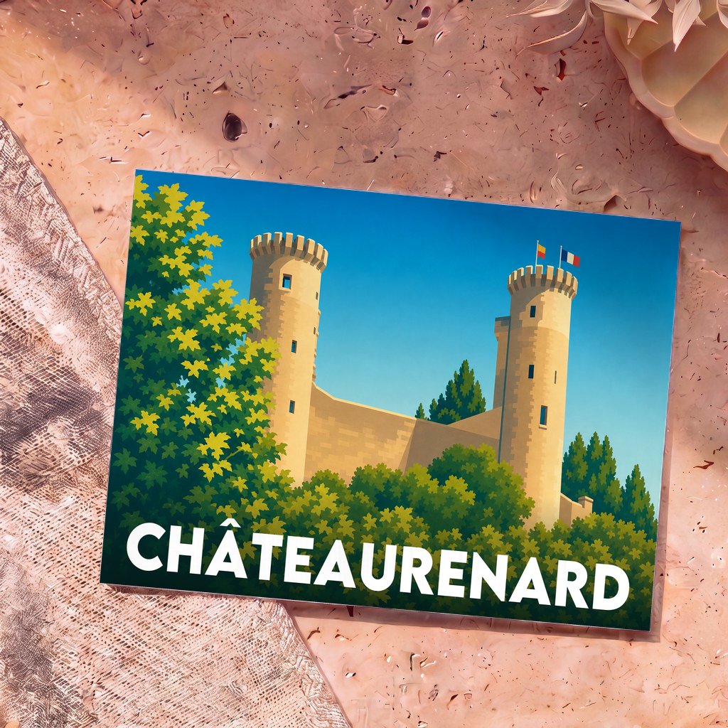 Carte postale souvenir de la ville de Châteaurenard avec une illustration stylisée de son château féodal.
