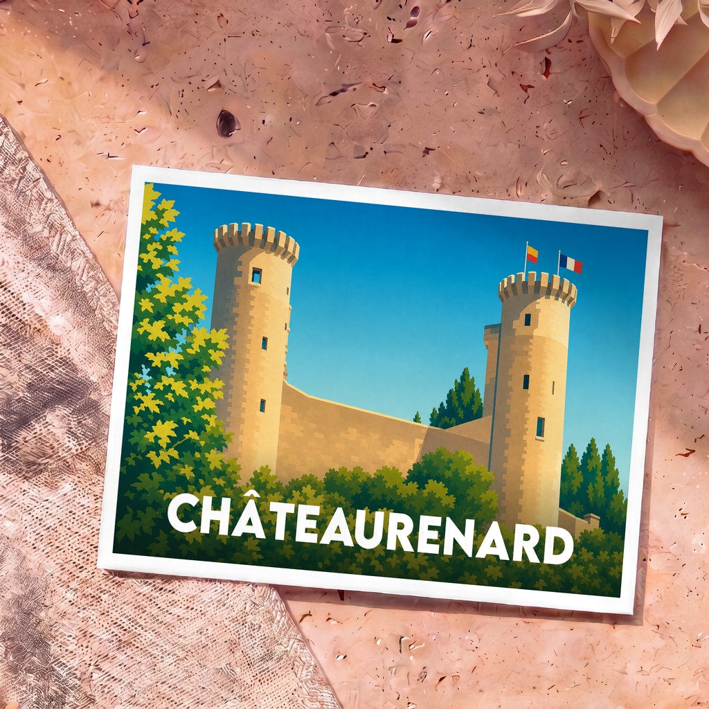 Carte postale souvenir de la ville de Châteaurenard avec une illustration stylisée de son château féodal.