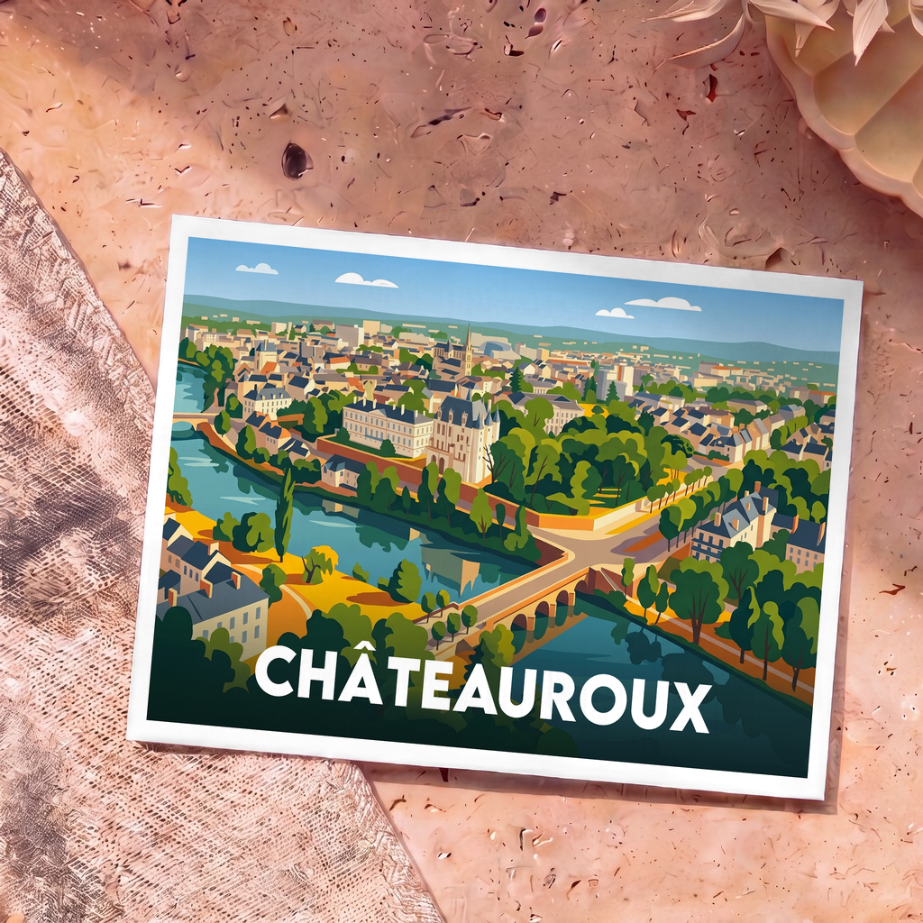 Carte postale souvenir de la ville de Châteauroux avec une illustration stylisée d'un château au bord de l'eau.