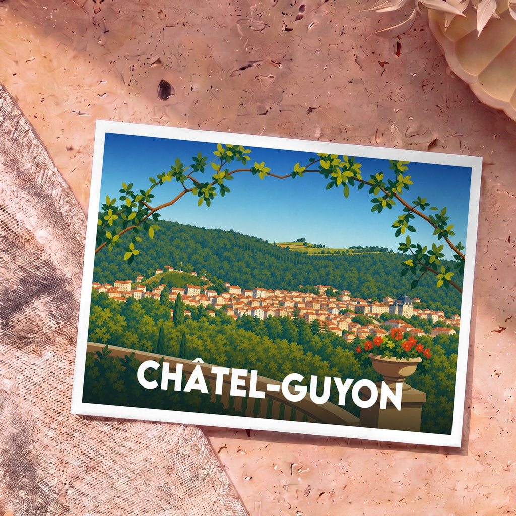 Carte postale souvenir de la ville de Châtel-Guyon avec une illustration stylisée des toits de la ville nichés dans une vallée verdoyante.