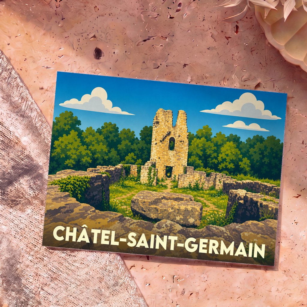 Carte postale souvenir de la ville de Châtel-Saint-Germain arborant une illustration stylisée de ses ruines médiévales.