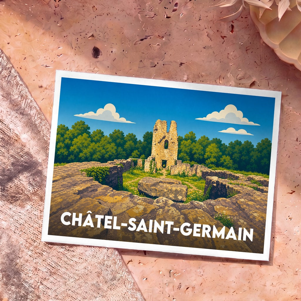 Carte postale souvenir de la ville de Châtel-Saint-Germain arborant une illustration stylisée de ses ruines médiévales.