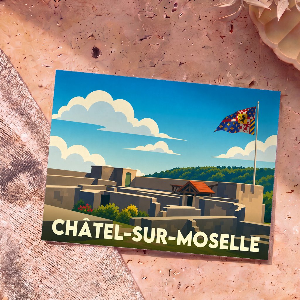Carte postale souvenir de la ville de Châtel-sur-Moselle avec une illustration stylisée de sa forteresse médiévale sous un ciel bleu.