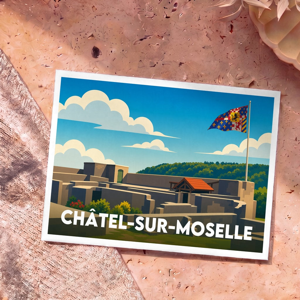 Carte postale souvenir de la ville de Châtel-sur-Moselle avec une illustration stylisée de sa forteresse médiévale sous un ciel bleu.
