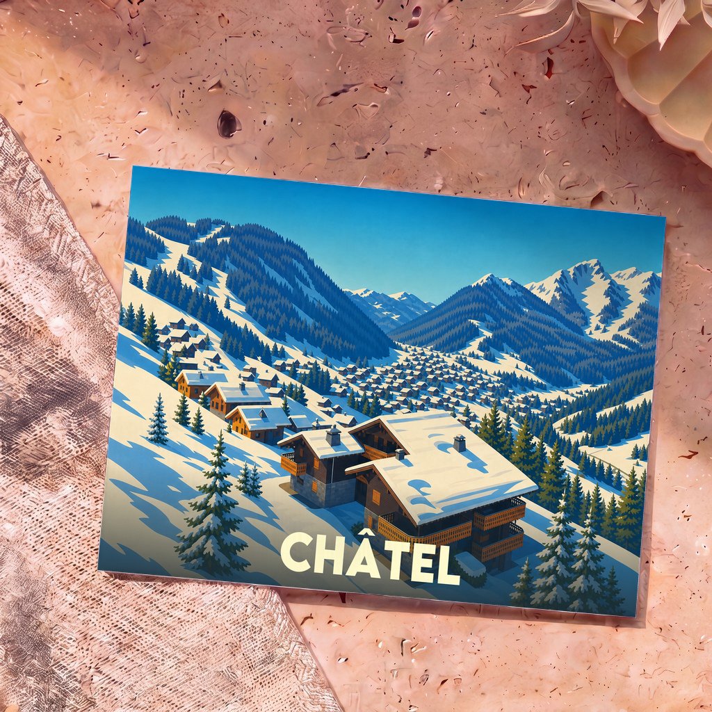 Carte postale souvenir de la ville de Châtel avec une illustration stylisée d'un village de montagne enneigé.