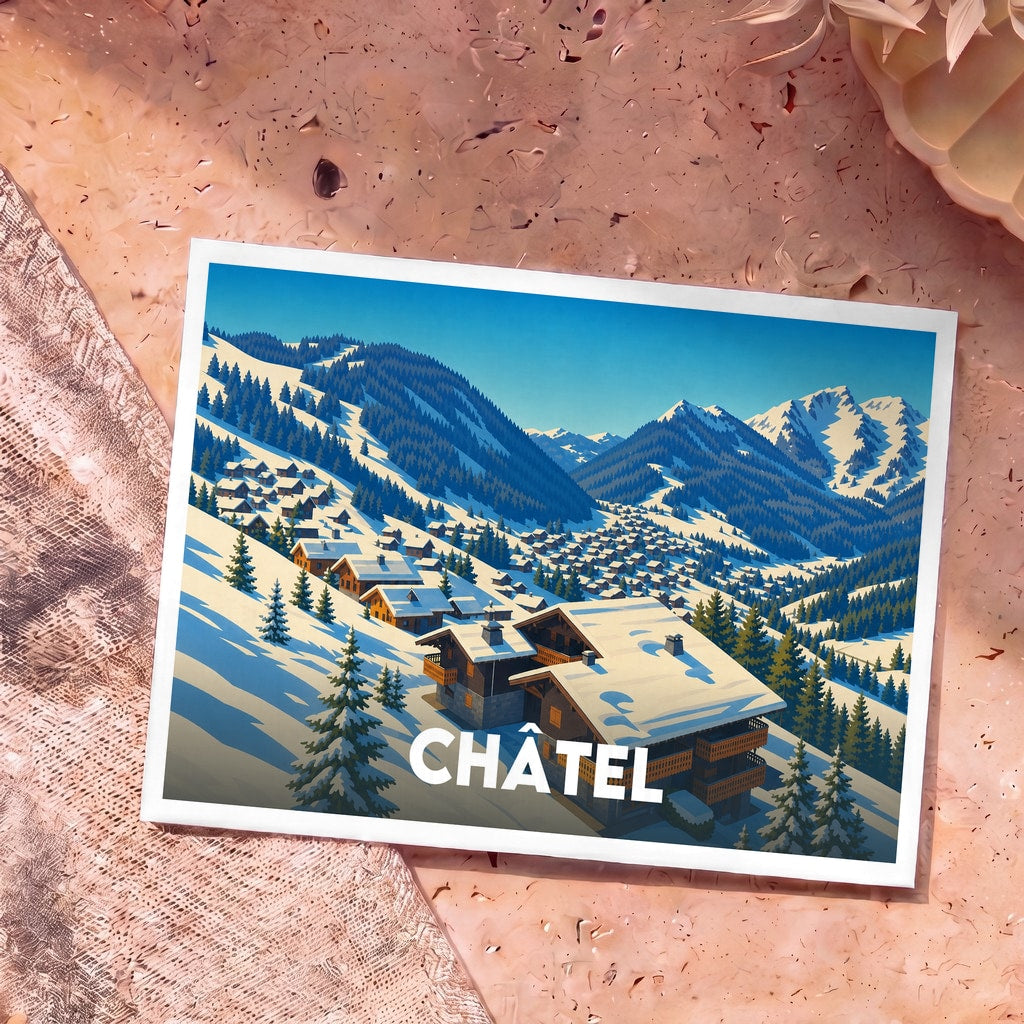 Carte postale souvenir de la ville de Châtel avec une illustration stylisée d'un village de montagne enneigé.