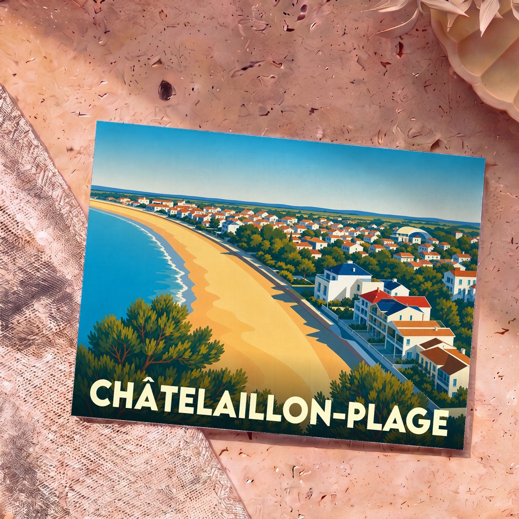 Carte postale souvenir de la ville de Châtelaillon-Plage illustrant une vue aérienne stylisée de sa plage et de ses villas de bord de mer.